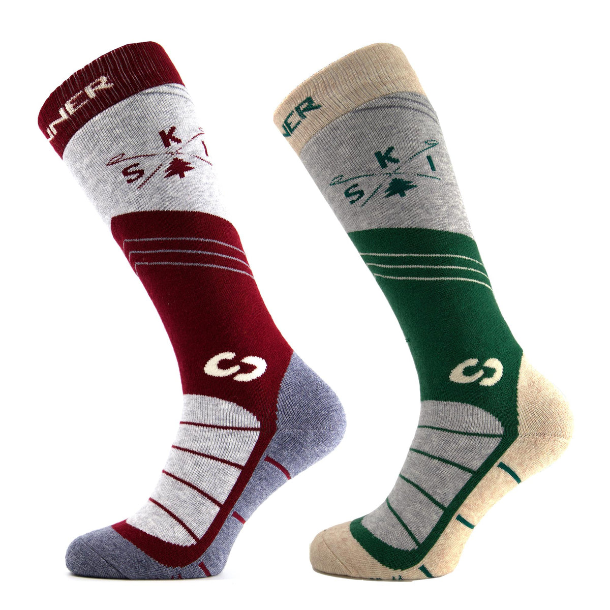 MOUNTAIN CALCETINES DE ESQUÍ HOMBRE PACK DOBLE - BURDEOS / VERDE