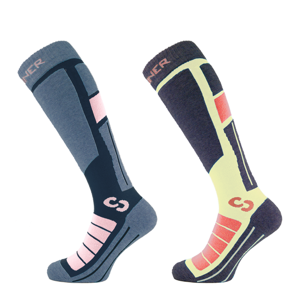 PRO SOCKS II SKISOKKEN DAMES DUBBELVERPAKKING - ROZE / GEEL